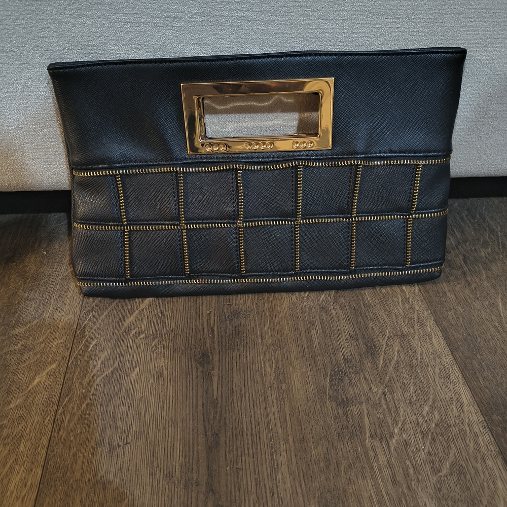 Elegant Black Clutch Purse with Gold Accent Zipper Detail Party Event Office